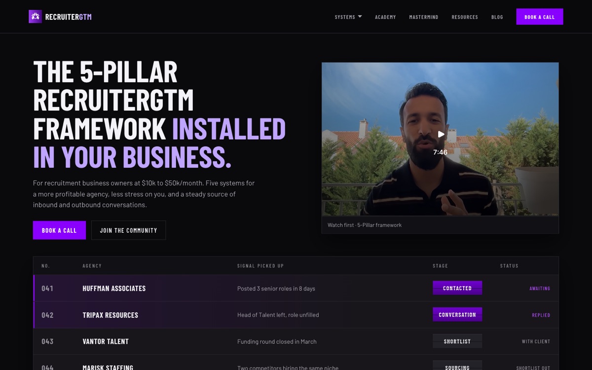 New homepage: left-aligned condensed capitals, square buttons, flat background, live signal board.