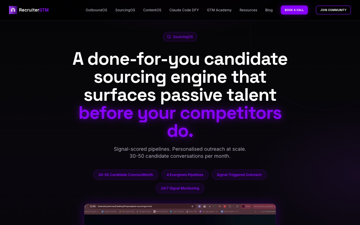 Old SourcingOS page: centred layout with rounded elements and glow.